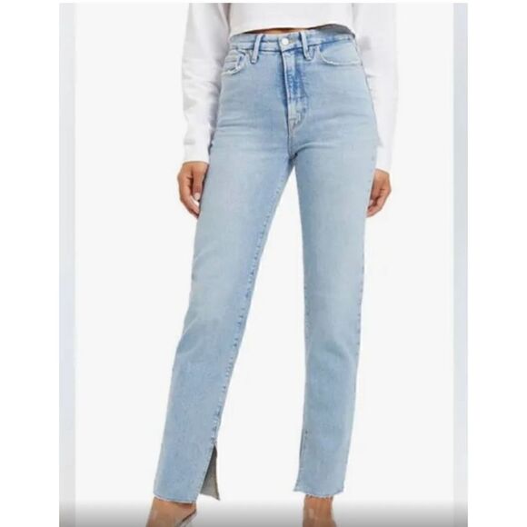 GOOD AMERICAN Good Boy Blue Straight Leg Raw Hem w/Slit Women's 24 plus New - Picture 1 of 11